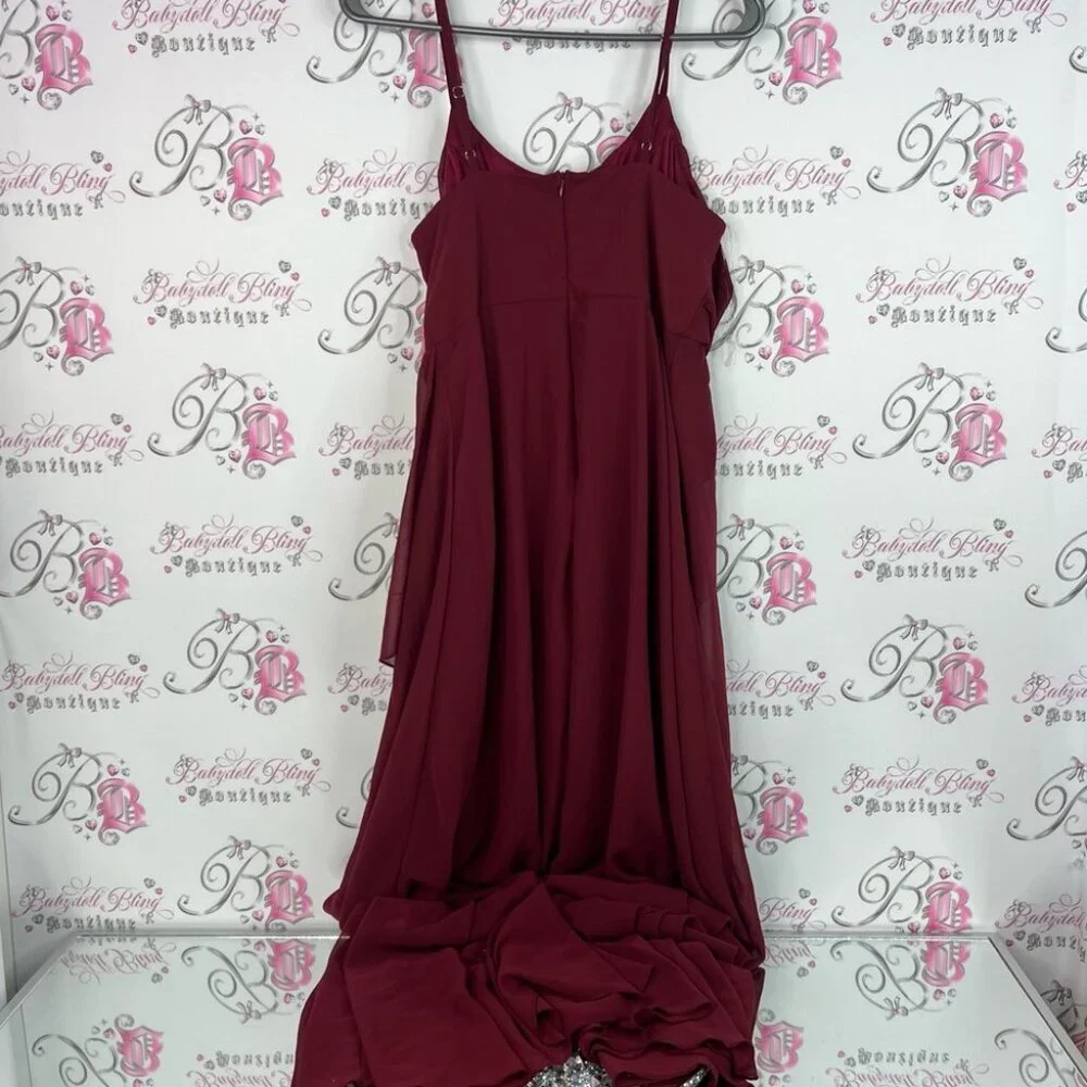 Qq fashion dress ruffle detail wine red Burgundy Evening Gown